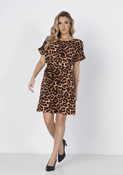 Vestido Curto Manga Dobrada - Onça