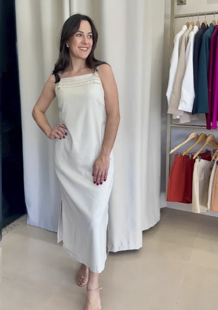Vestido Midi Linho Pregas - Natural